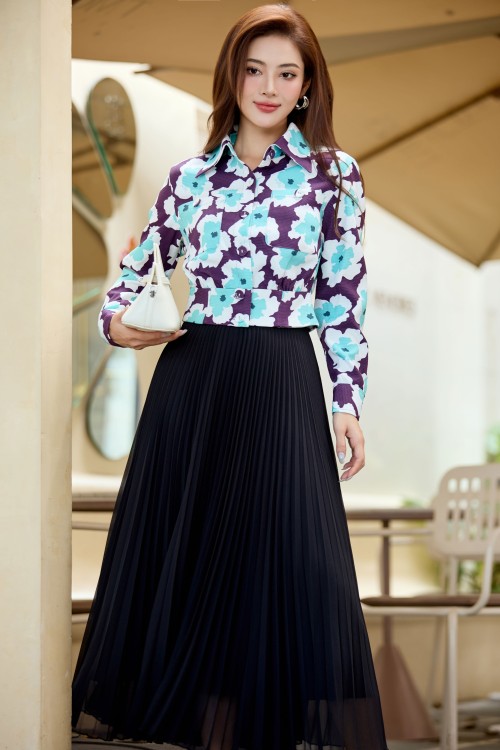 Sixdo Black Pleated Chiffon Flared Skirt